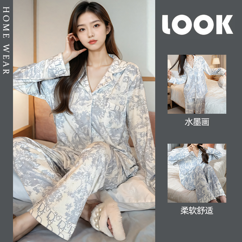 2025新款睡衣女秋冬款加绒加厚保暖水墨印花翻领高级感德绒家居服