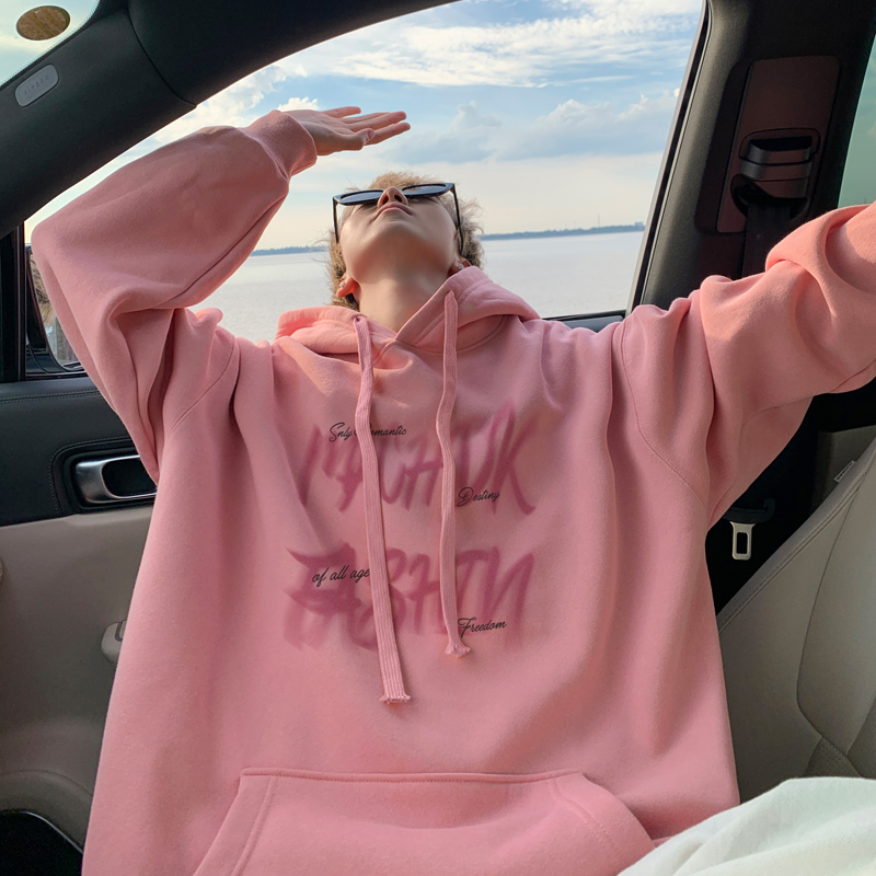 粉红色涂鸦重磅连帽衫卫衣男春秋美式hiphop潮牌大码套头宽松外套