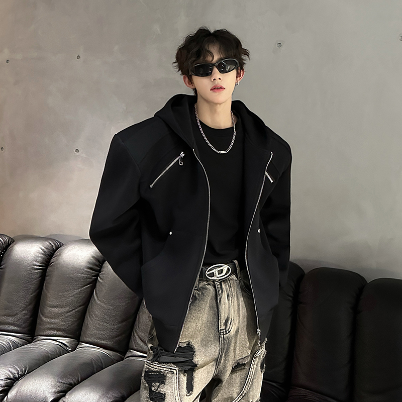 金属拉链解构垫肩卫衣外套男春秋美式高街潮牌高级感短款重磅夹克