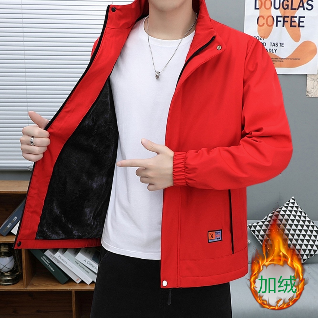 2025新款红色立领夹克男士外套春秋帅气时尚百搭潮休闲加绒外套男