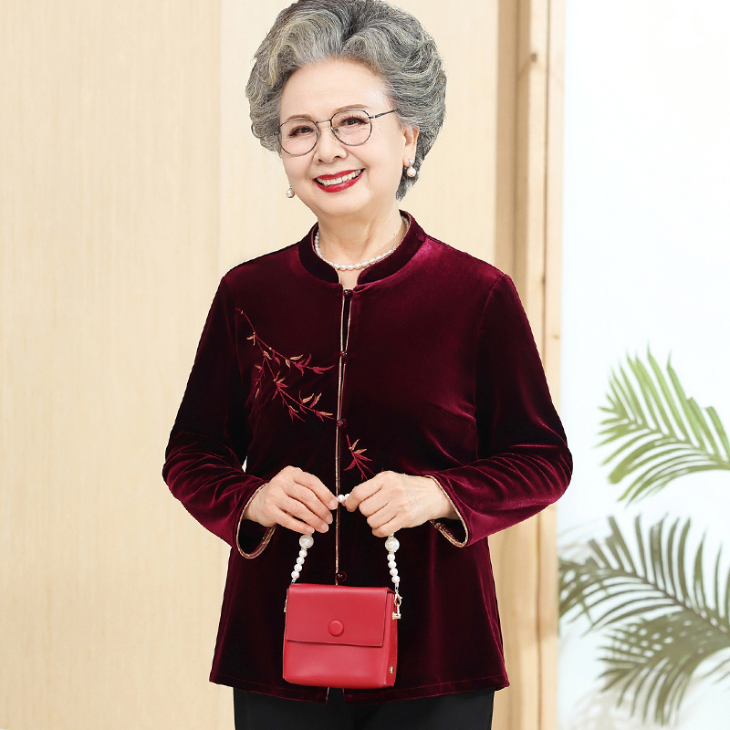 中老年妈妈秋季长袖衬衫60岁70奶奶金丝绒薄外套80老太太富贵衣服