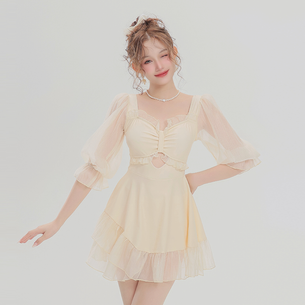 罗十安新款显瘦法式大码显白防晒遮肚连体泳衣度假乐园长袖女小胸