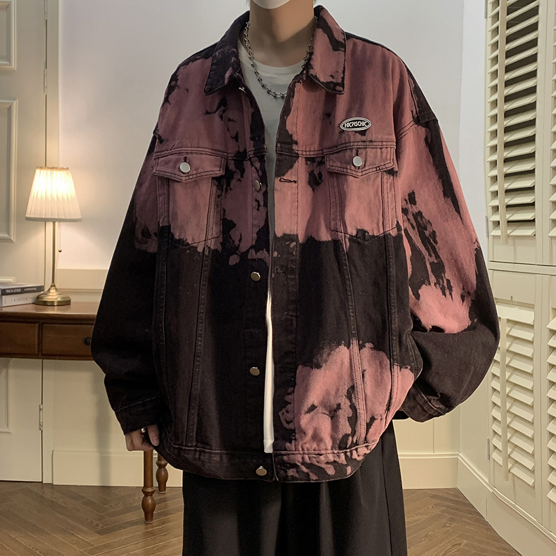 美式街头嘻哈拼色扎染翻领牛仔夹克男女潮牌大码宽松做旧水洗外套