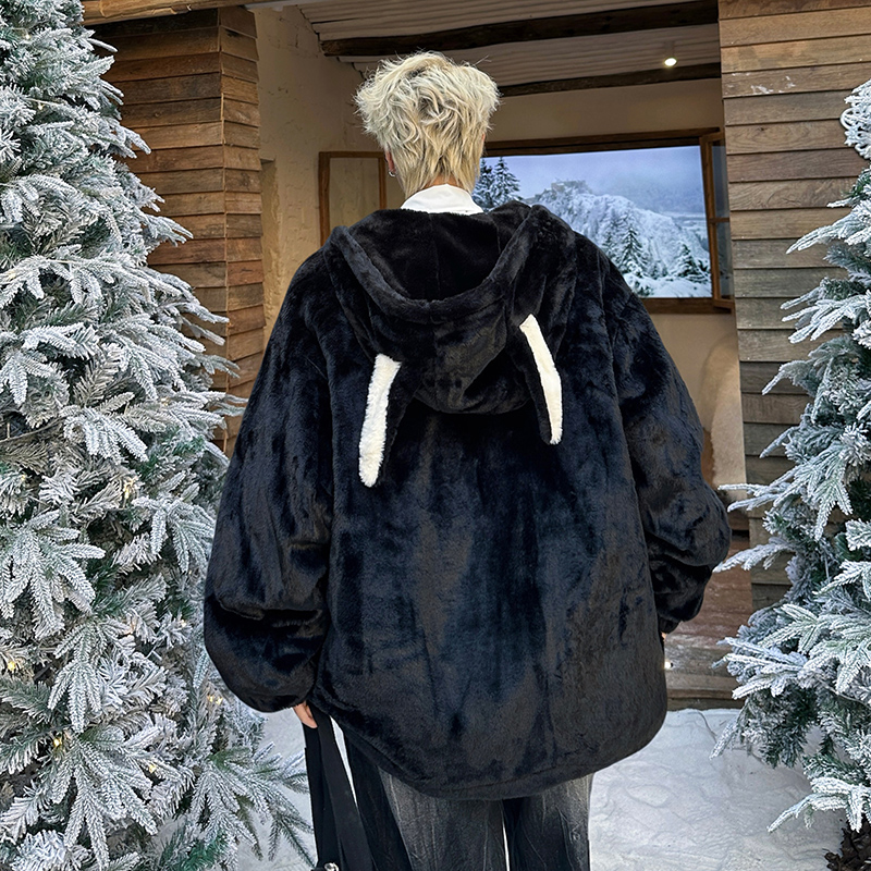 羊羔绒棉服男冬季新款加厚潮牌青少年仿兔毛棉衣情侣毛绒连帽外套