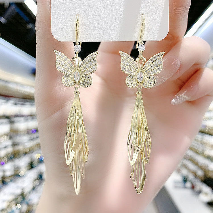 超仙气质长款蝴蝶流苏耳环2024年新款潮轻奢小众设计圆脸显瘦耳饰