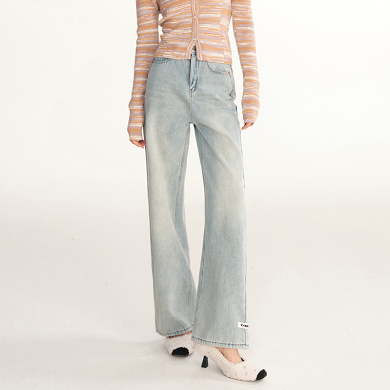 ICYNUDE浅蓝水洗牛仔裤加绒高腰显瘦直筒阔腿裤女