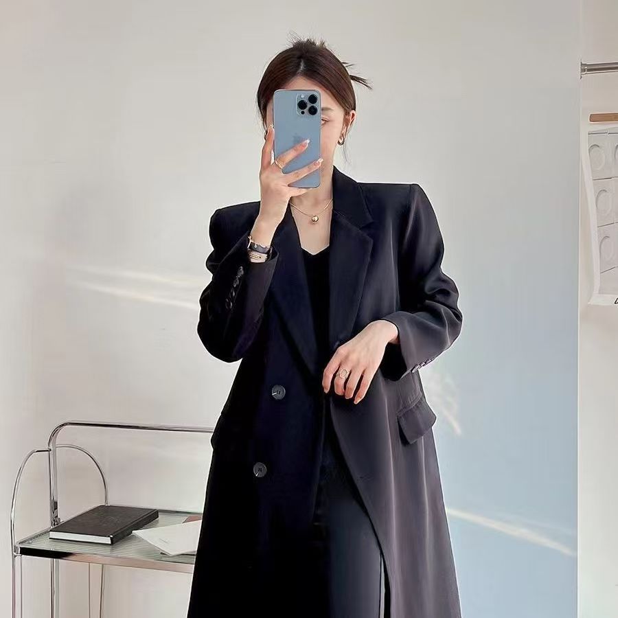早秋高级感长款黑色西装外套2025春季网红韩版宽松气质学院风衣女