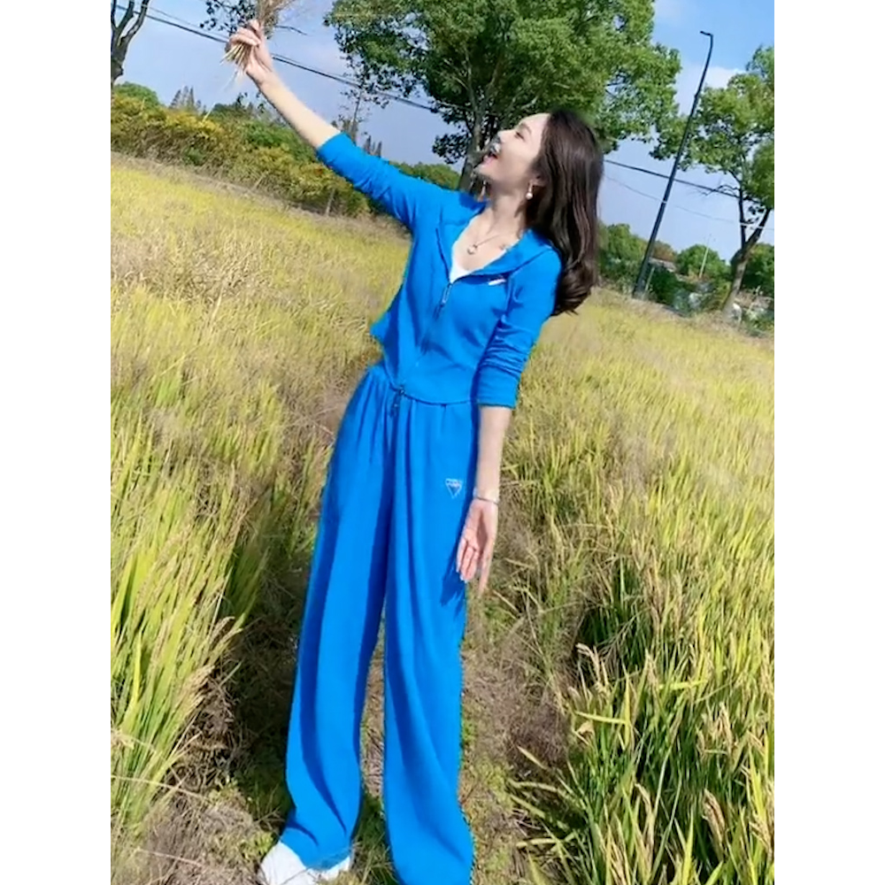 蓝色卫衣套装女2025年新款春秋开衫连帽短款上衣开衫卫衣外套女