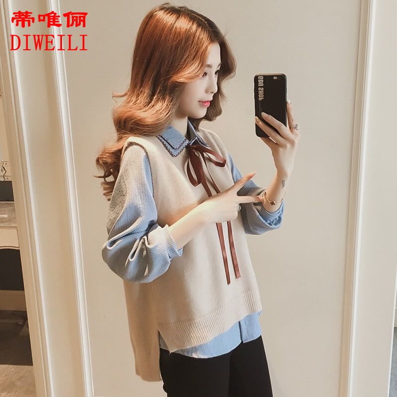 【两件套】春秋季时尚新款条纹衬衫马甲两件套女针织毛衣马甲套装