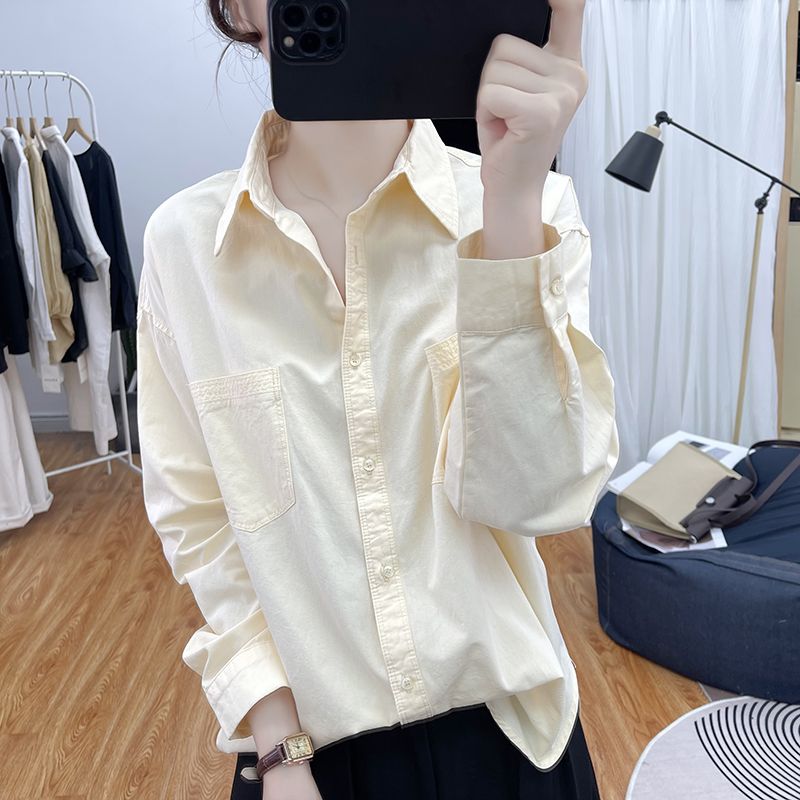 秋季纯棉斜纹长袖衬衫女设计感宽松上衣新款polo领纯棉衬衣高品质