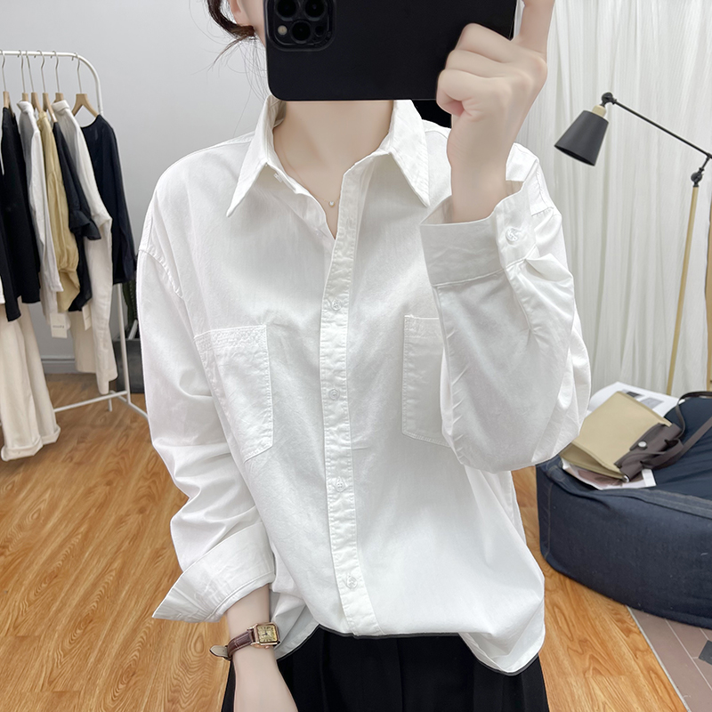 精品纯棉斜纹长袖衬衫女工装风设计感宽松上衣新款polo领纯棉衬衣