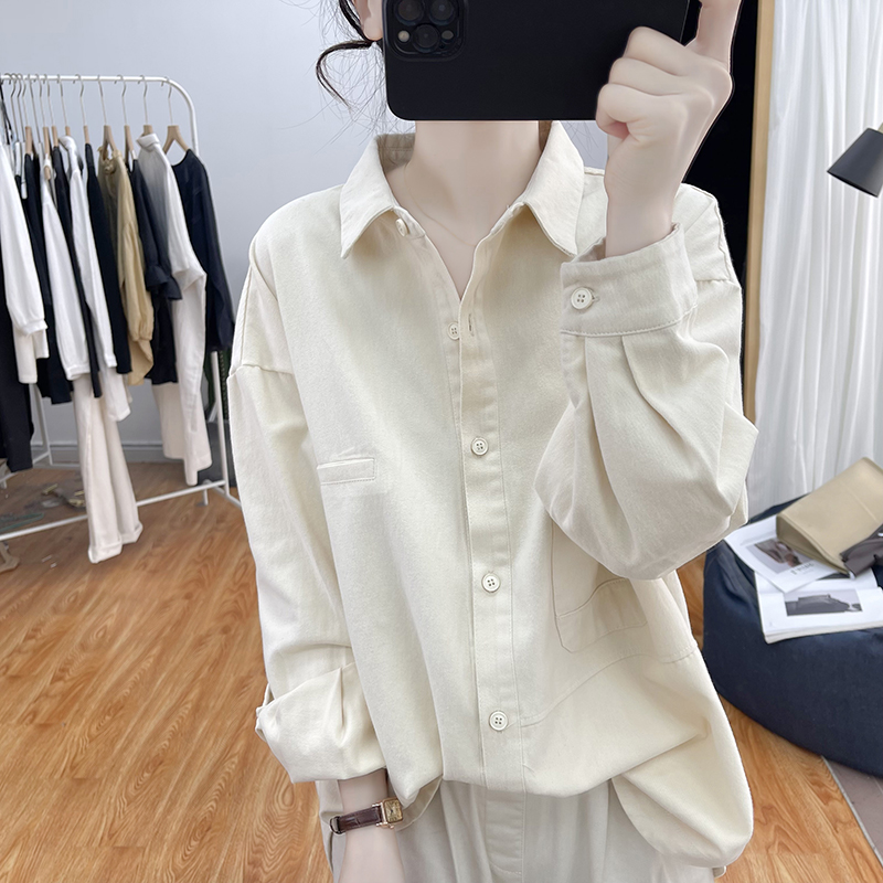 高品质纯棉春秋新款斜纹磨毛长袖衬衫女中长款上衣宽松工装衬衣