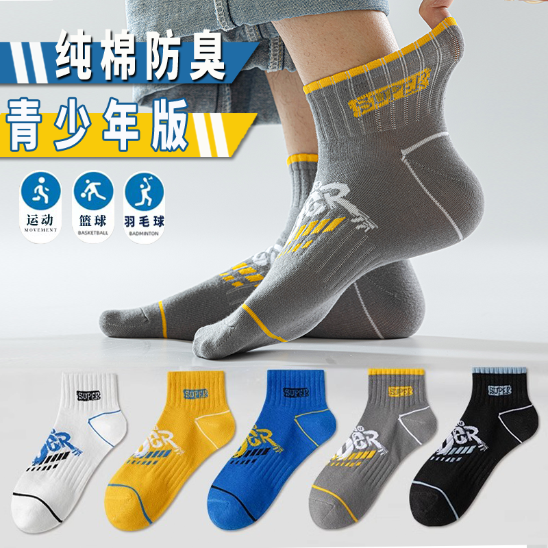 袜子男青少年春秋短筒袜纯棉全棉防臭大童初中生儿童运动中筒男孩
