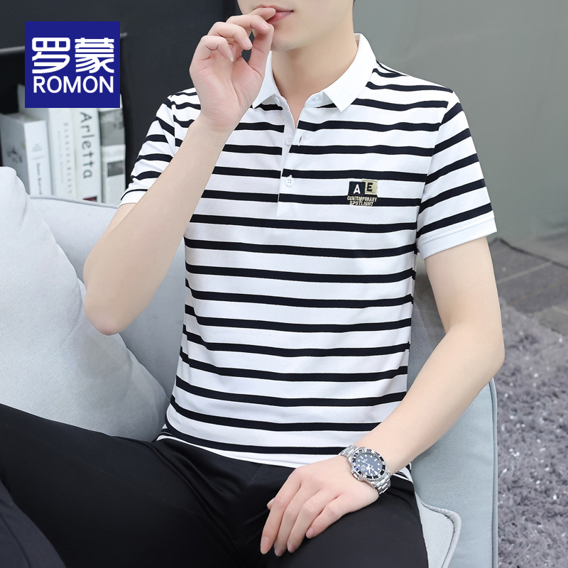 罗蒙男士条纹Polo衫男款2025新款夏季翻领休闲潮牌短袖薄款t恤男