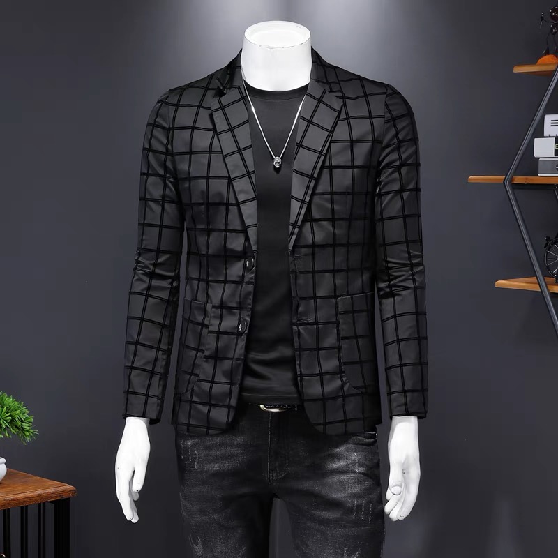 欧货男士痞帅西服高级感外套潮流帅气百搭翻领时尚休闲植绒印花男