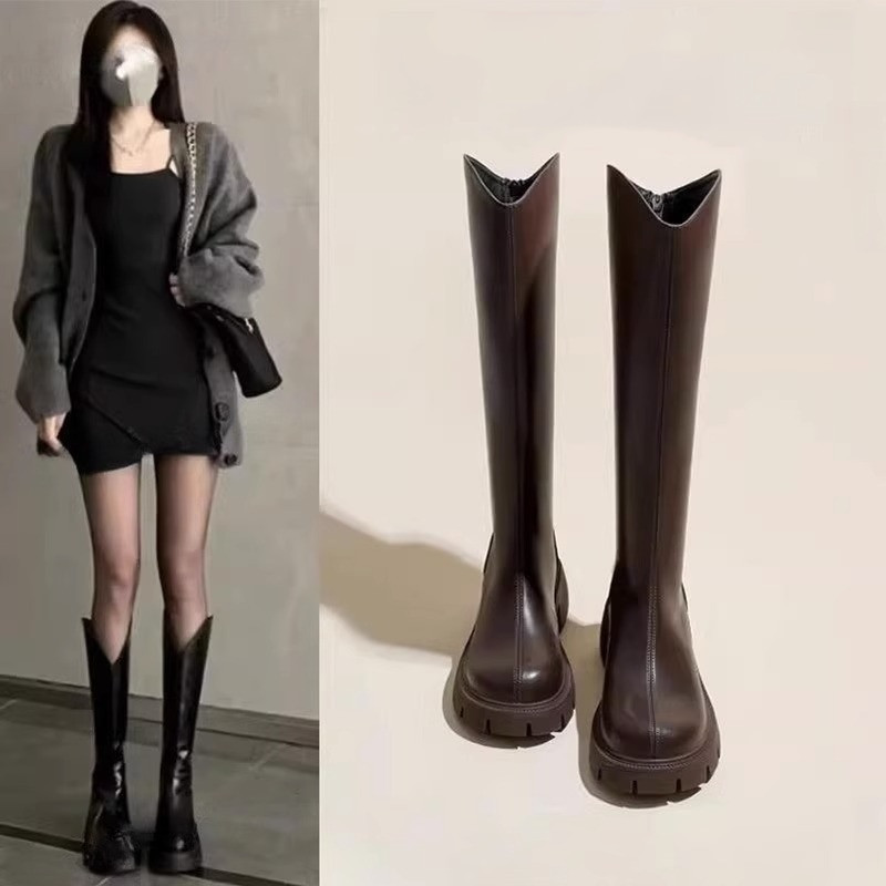 长筒靴女厚底v口粗腿显瘦小个子高筒长靴2024年秋新款瘦瘦骑士靴