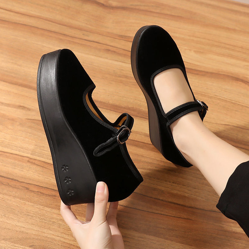 老北京布鞋女松糕厚底工作鞋平底坡跟妈妈广场舞蹈鞋一字扣休闲鞋