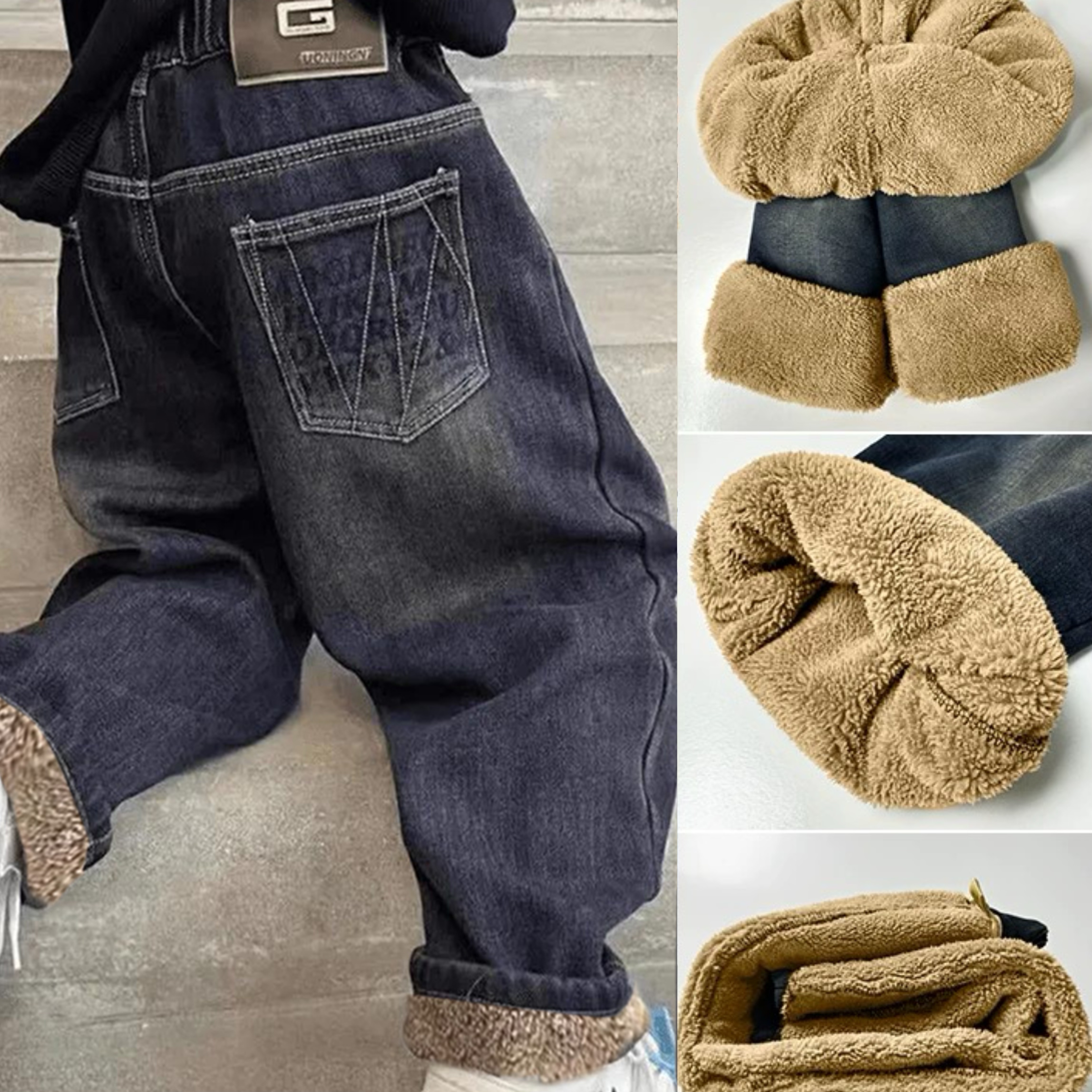 【加厚升级款】冬季羊羔绒加厚保暖中大童男童休闲软牛仔弹力牛仔裤