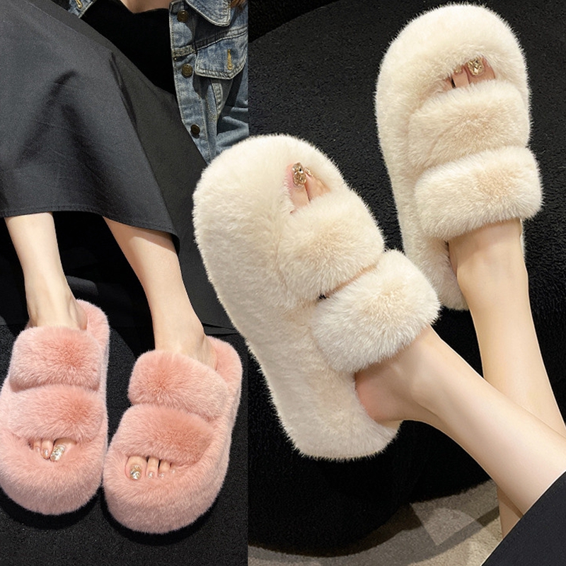 女冬毛毛拖鞋厚款居家一字拖韩版毛绒秋季毛毛鞋保暖平底厚底防滑