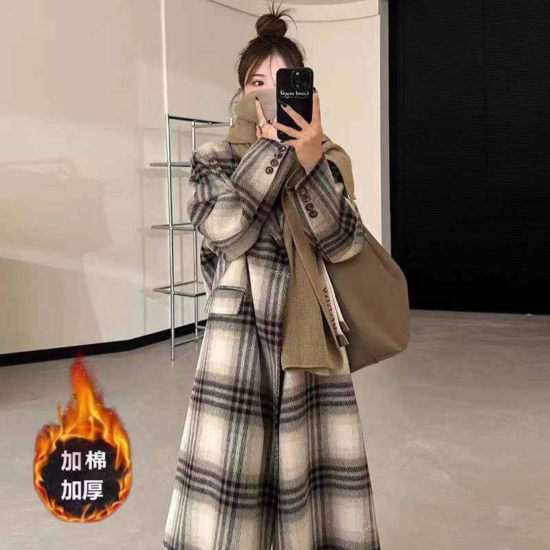 2025春装新款长毛高级感韩系格子宽松韩版大衣女加长款羊毛呢外套