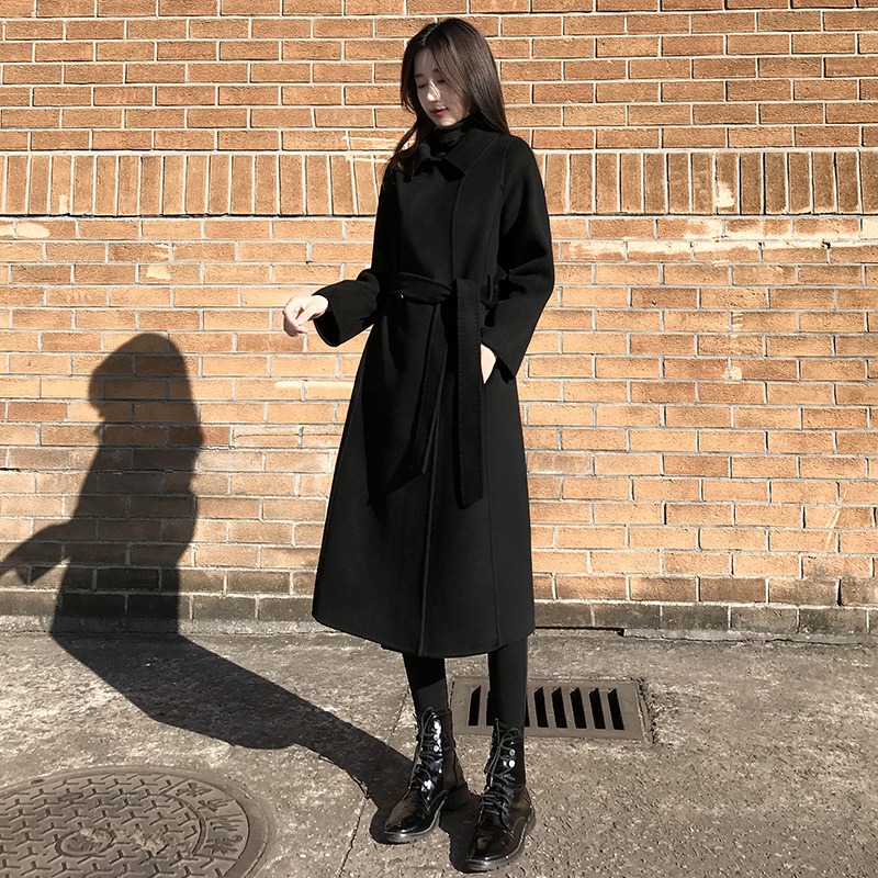 黑色双面羊毛大衣女2024秋冬新款高端修身显气质中长款羊毛呢外套