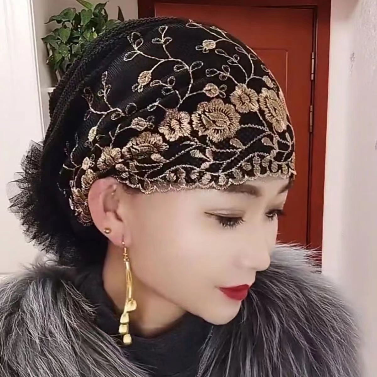 新款富贵休闲时尚玫瑰花型刺绣后花包头帽时尚遮白发四季款发带帽