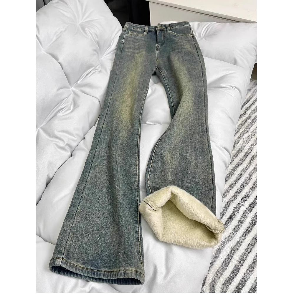 【现货+运费险】微喇加绒加厚牛仔裤女秋冬大码胖mm高腰遮胯喇叭裤