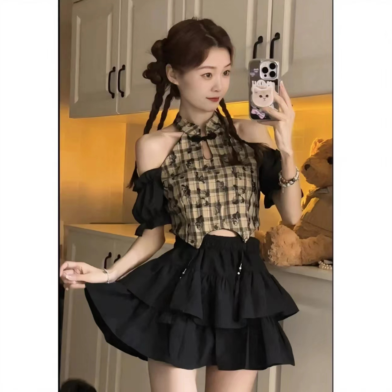 反季2024新中式复古显瘦格子衬衫国风镂空流苏上衣高腰蛋糕裙