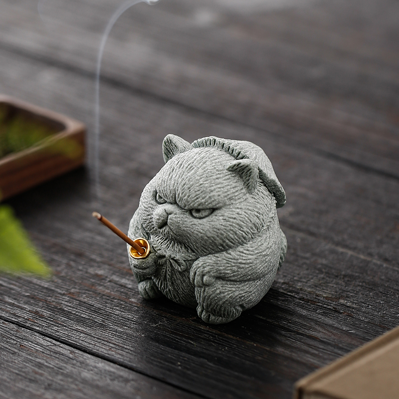 肆坊壹品青砂石老猫钓鱼创意侠客小猫茶宠摆件可爱香插鱼缸盆栽