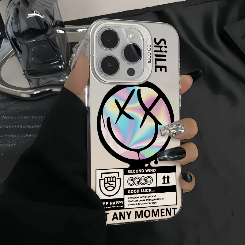 英文镭射笑脸苹果手机壳适用iPhone15/14ProMax简约16/13彩银防摔
