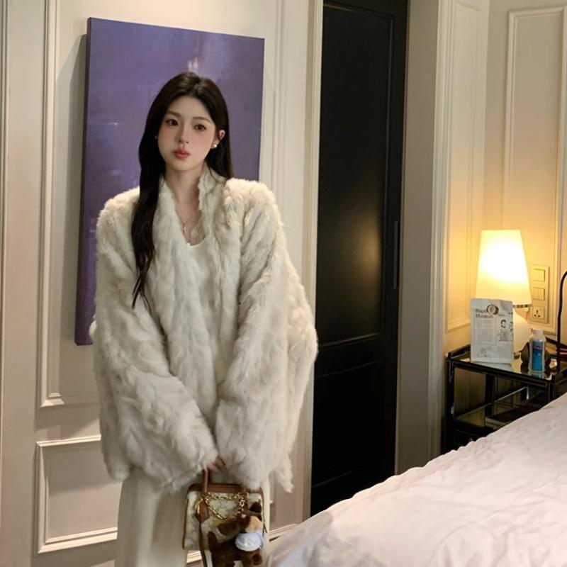 人造皮草 雾石狐温柔女冬季廓形皮毛一体外套休闲气质毛毛厚外套