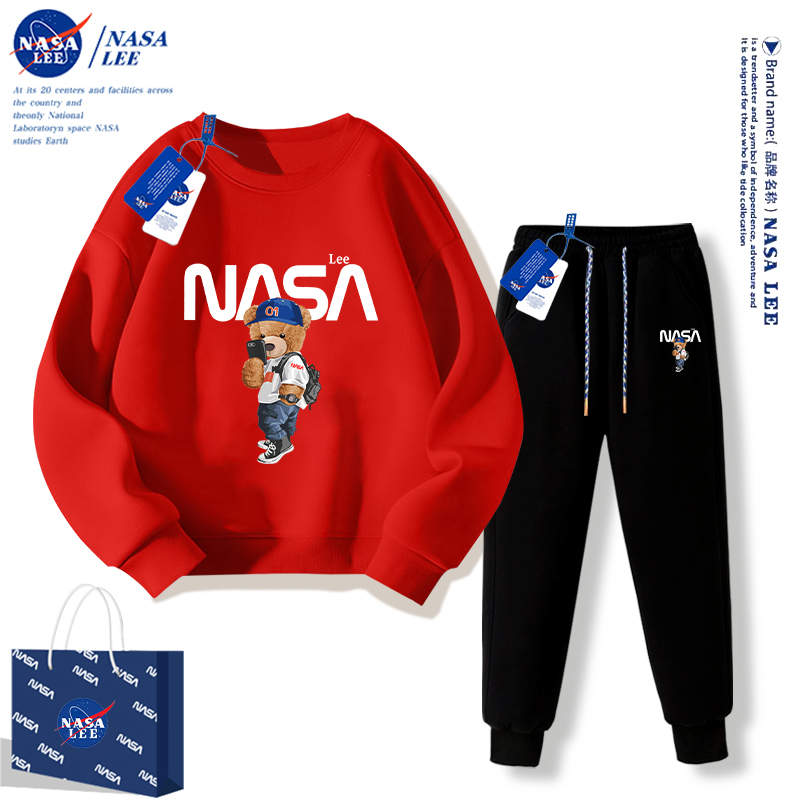 NASA男童加绒套装冬季2024新款女童卫衣本命年衣服儿童红色秋冬装