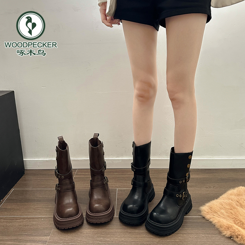 啄木鸟棕色美拉德靴子女款2024新款爆款厚底中筒机车裤管靴马丁靴