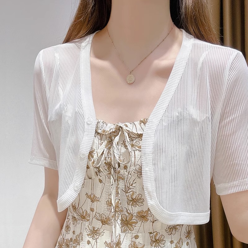 冰丝网纱小坎肩上衣女夏季小披肩女配裙子外搭空调衫防晒开衫短袖