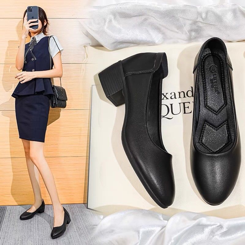 工作鞋女黑色平底软底粗跟皮鞋职业上班面试酒店防滑空姐舒适单鞋