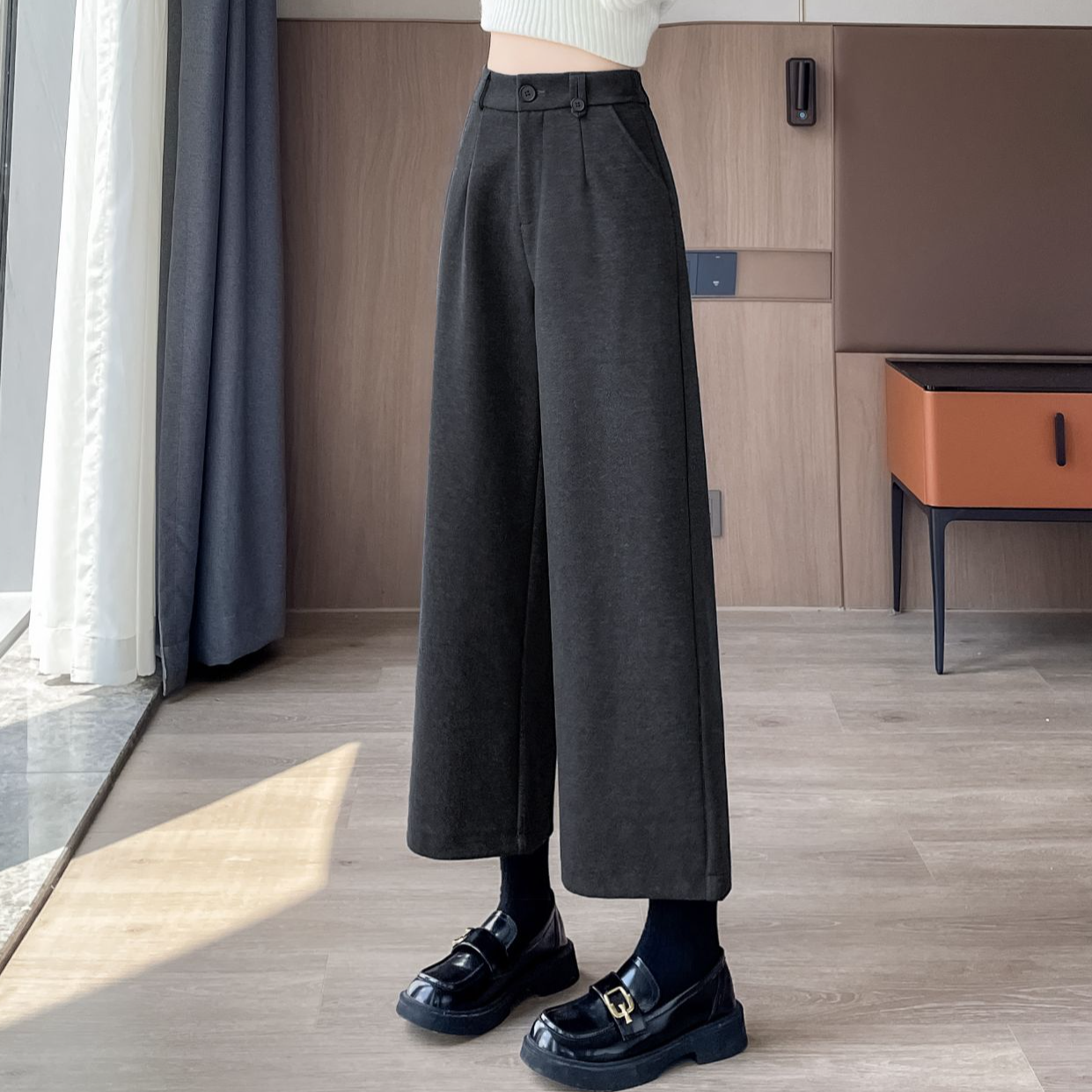 毛呢裤子女休闲直筒裤2025新款秋冬九分小个子宽松加绒窄版阔腿裤