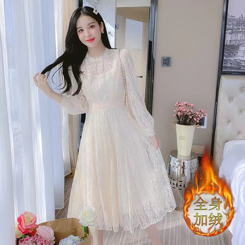 9293杏色连衣裙子女秋冬款高级感冬季蕾丝长裙爆款2025新款打底裙