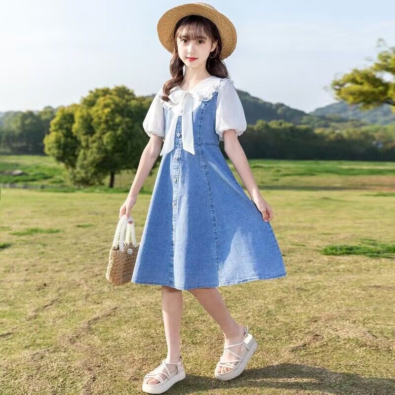 女童连衣裙夏装2024新款大童夏季休闲洋气娃娃领短袖牛仔公主裙子