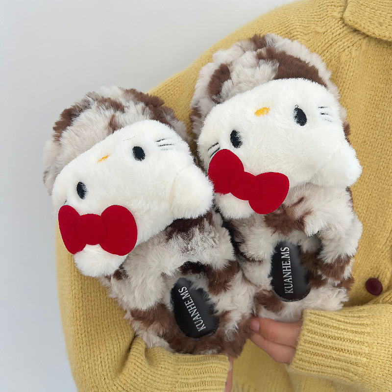 千禧辣妹风豹纹小猫复古包头毛毛拖鞋女款室内防滑保暖加绒棉拖鞋