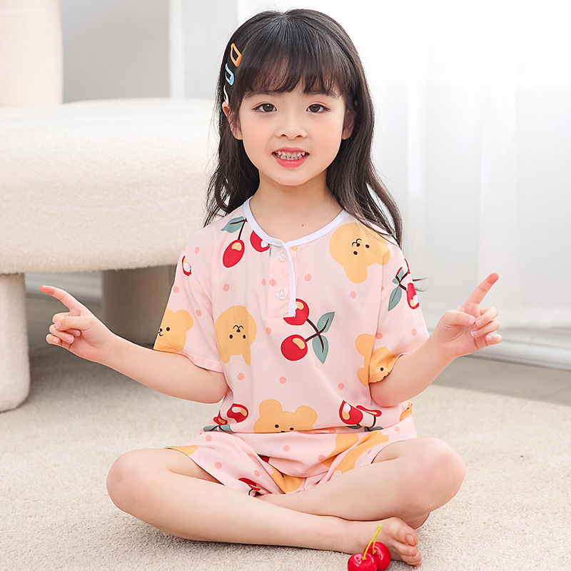夏季儿童棉绸睡衣薄款男童女童宝宝绵绸短袖女孩空调家居服套装
