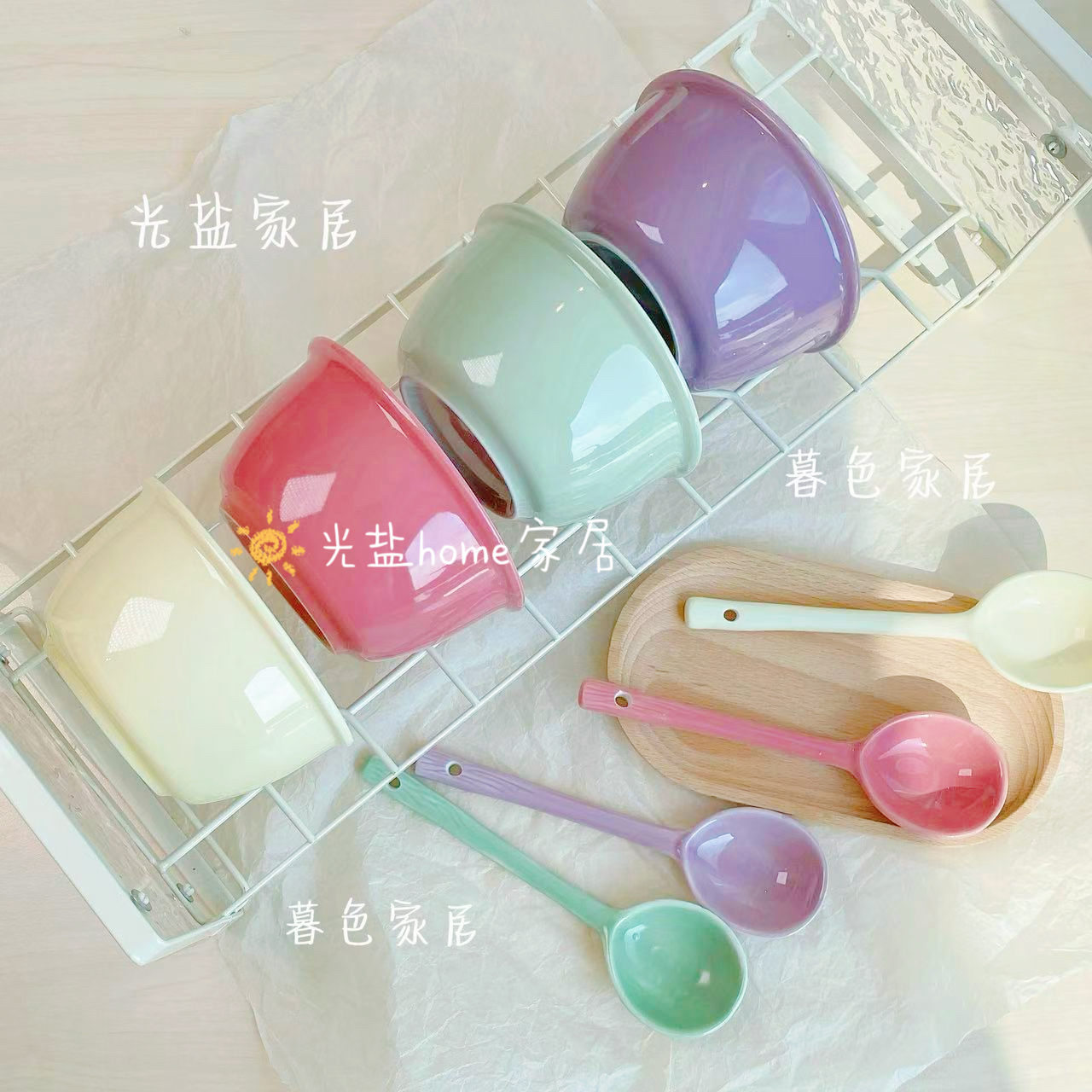 【4碗/4碗4勺】奶油风陶瓷碗米饭碗家用碗饭碗防烫可爱餐具吃饭碗