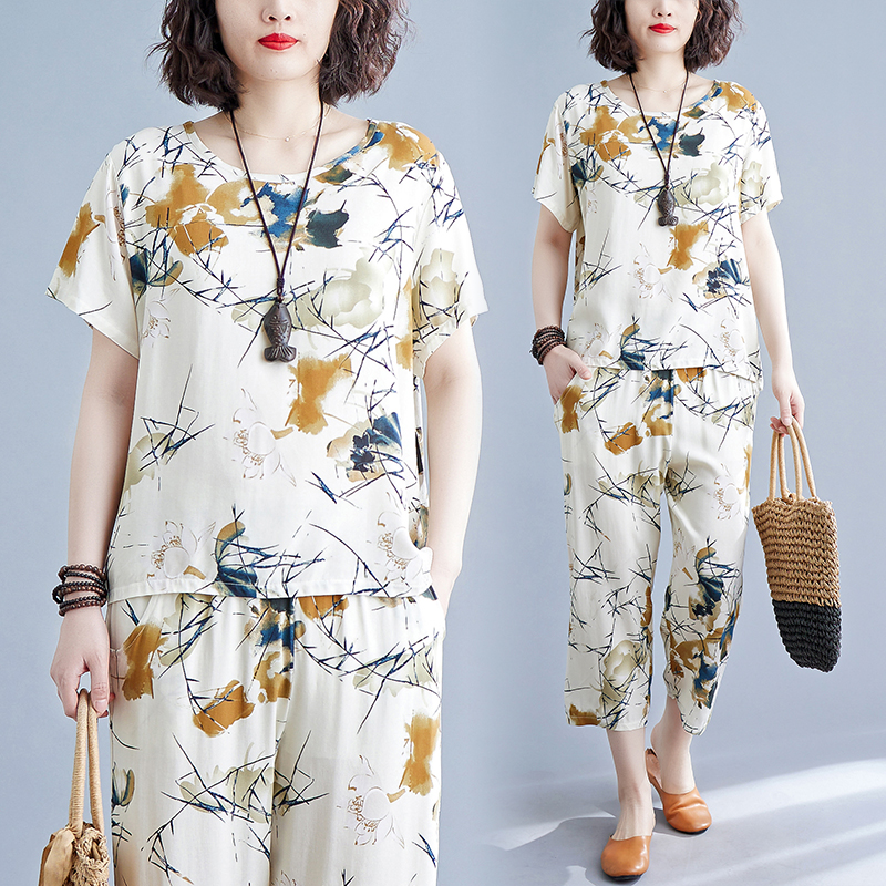 中国风棉绸睡衣女夏款短袖七分裤夏季薄款人造棉中老年家居服套装