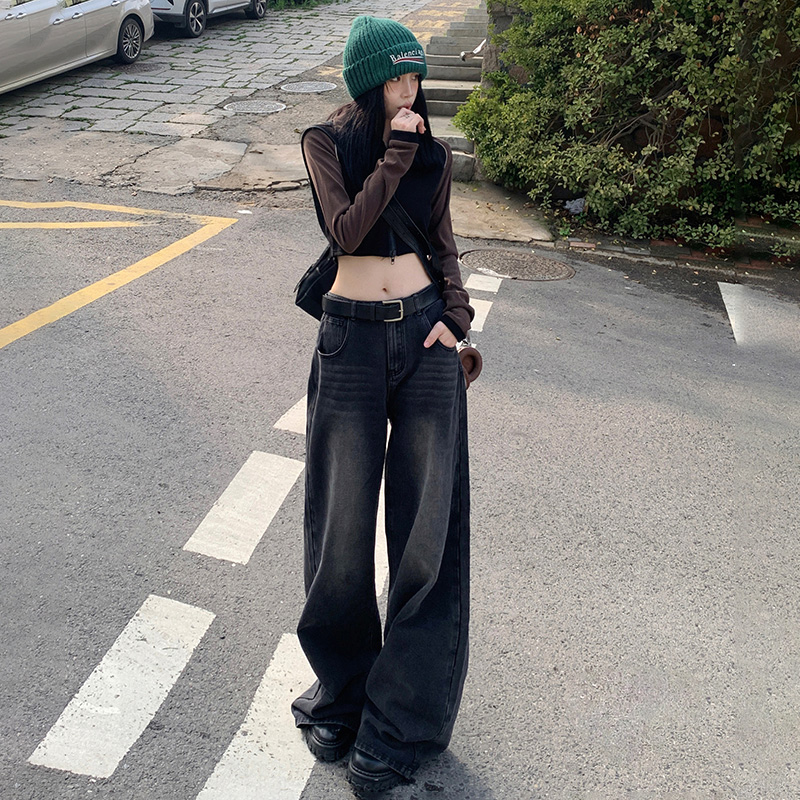 NORNLGGER灰色高腰直筒牛仔裤女新款显瘦显高宽松阔腿牛仔裤女