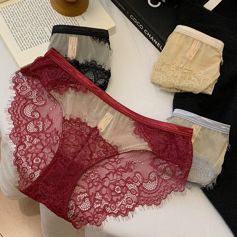 少女美屋复古酒红色蕾丝内裤女性感超薄半透诱惑女士本命年三角裤