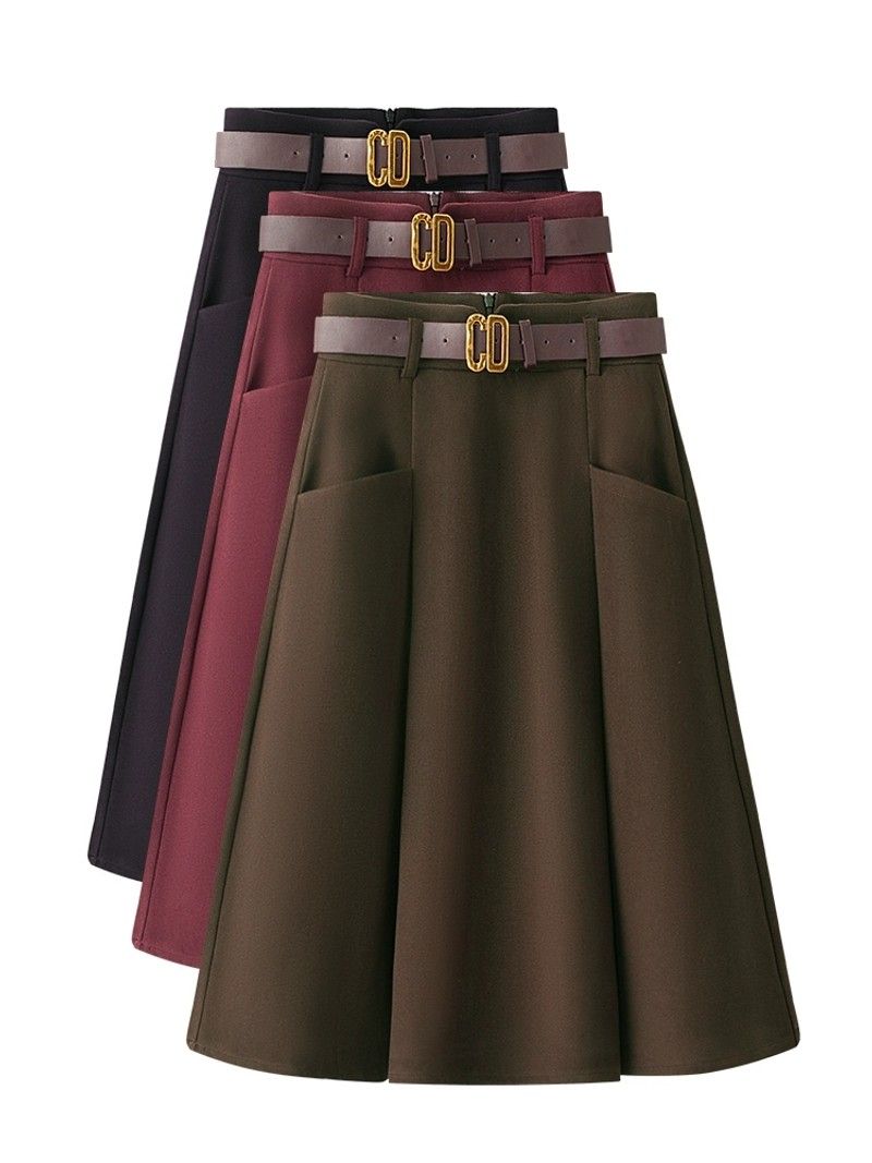 秋冬毛呢半身裙女a字大摆伞裙2024新款高腰显瘦中长呢子百褶裙子