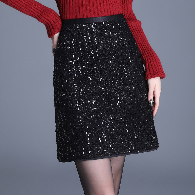 时尚小香风亮片半身裙女2025秋冬新款显瘦高腰修身秋冬半身短裙