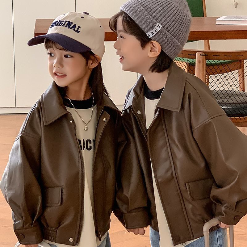 儿童皮衣外套2025春秋冬季男女童纯色皮夹克儿童韩版机车服