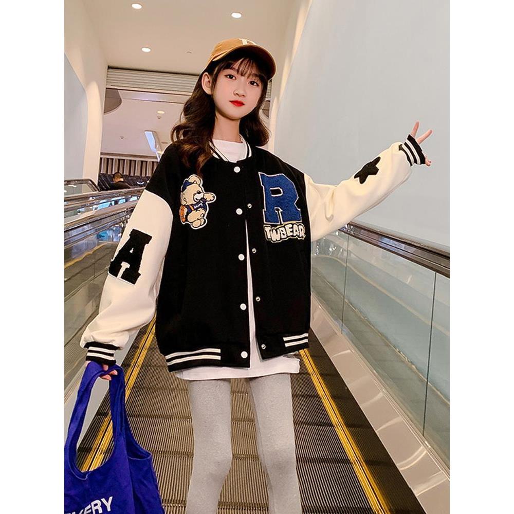 小熊棒球服外套女童春秋2025新款中大童小学生宽松刺绣潮牌夹克15
