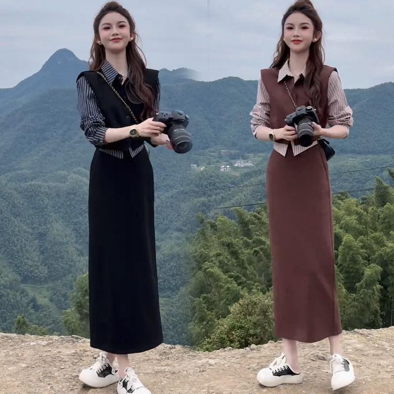 时尚套装裙女2024秋季新款洋气质显瘦假两件条纹衬衫半身裙两件套