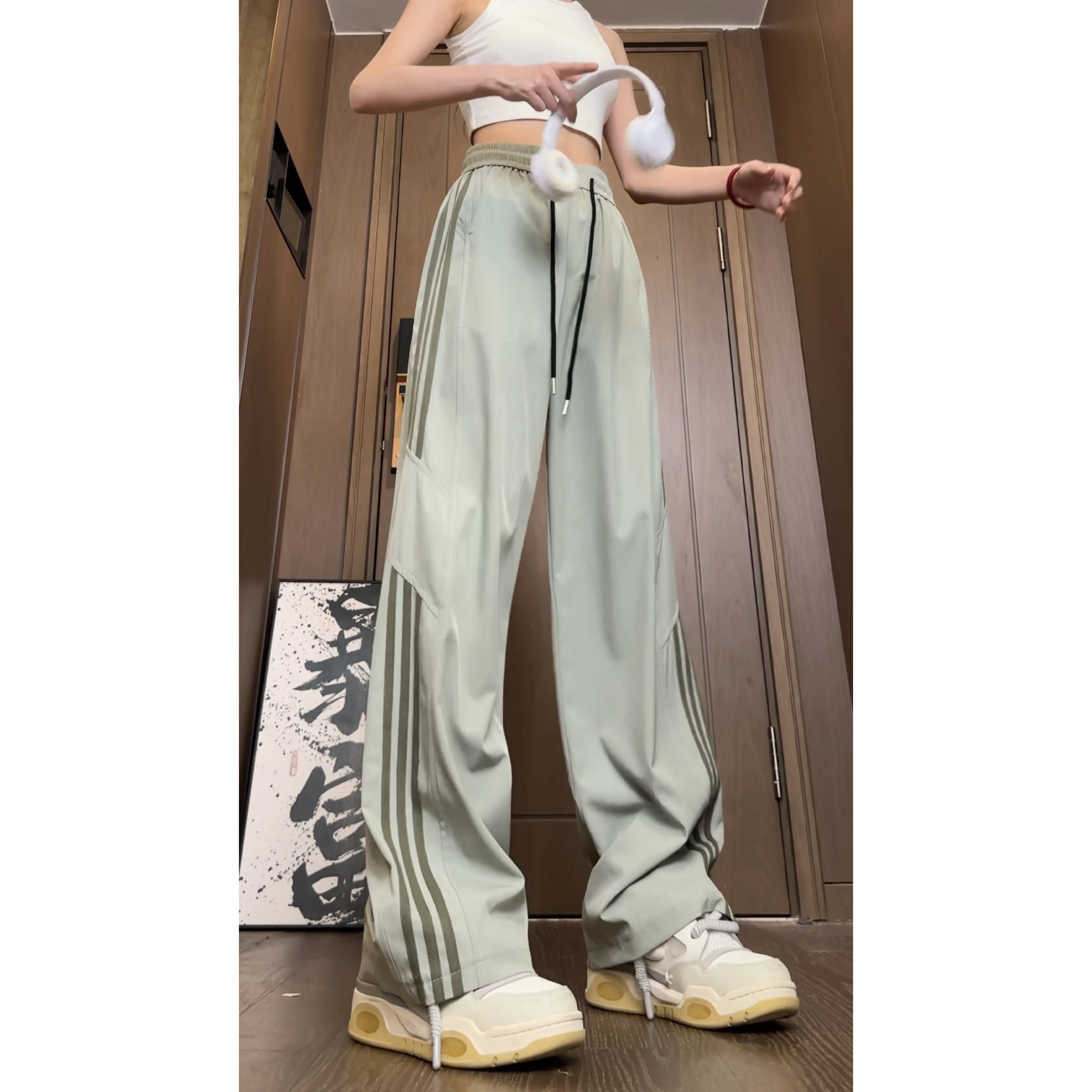 三条杠条纹裤子男生休闲长裤运动裤男女款夏季冰丝薄款宽松直筒裤